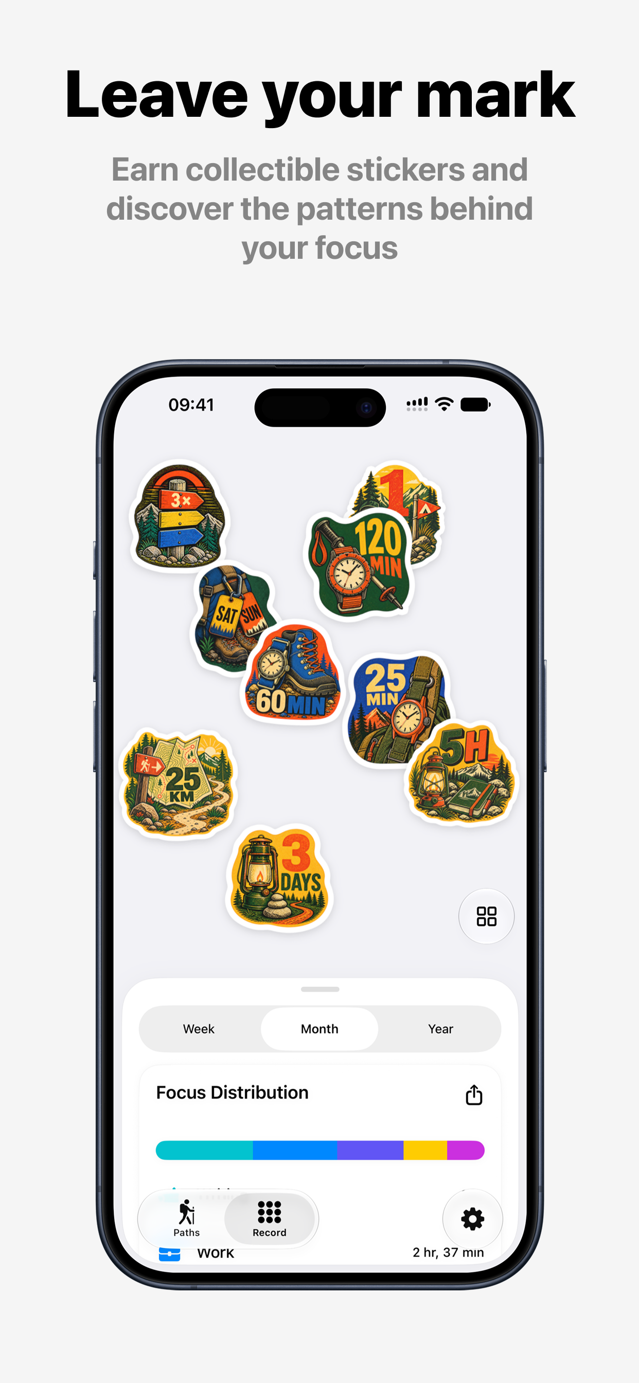 Path's Record screen with collectible hiking stickers and a chart of time spent focusing.