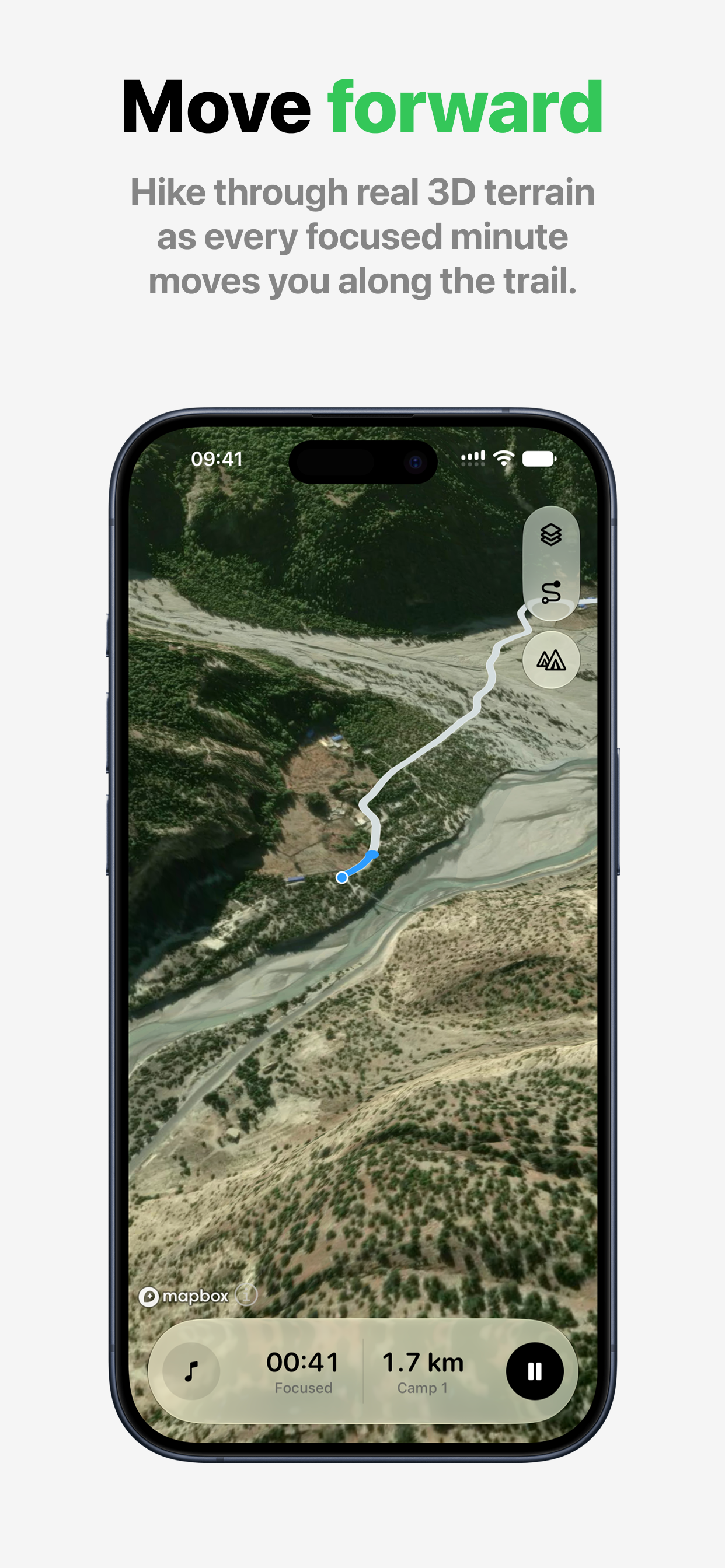 Path focus session showing virtual progress through a mountain valley, a focus timer, and the next camp.